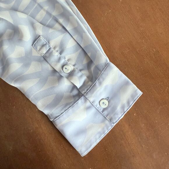 Gretchen Scott Button Up Shirt Sheer Size Small Light Blue & White Geometric - Picture 6 of 7